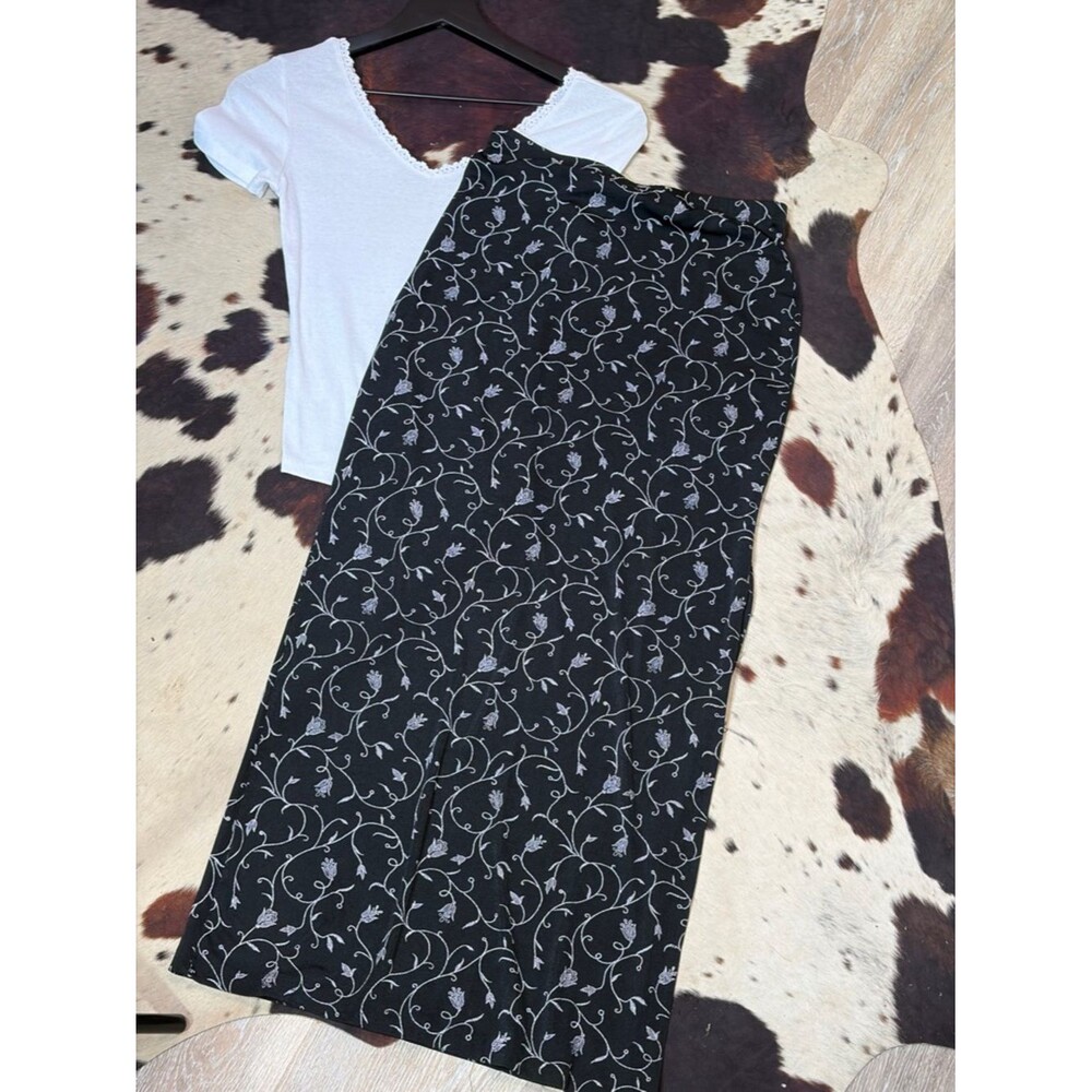 Vintage Black w. White Floral-Print long length Skirt side slit stretchy y2k